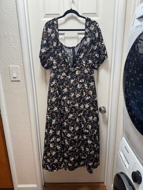 Black Floral Midi Dress with Puff Sleeves